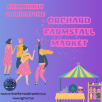 graphic illustration of a market stall and individuals dancing to depict community spirit at the Orchard Market Farmstall